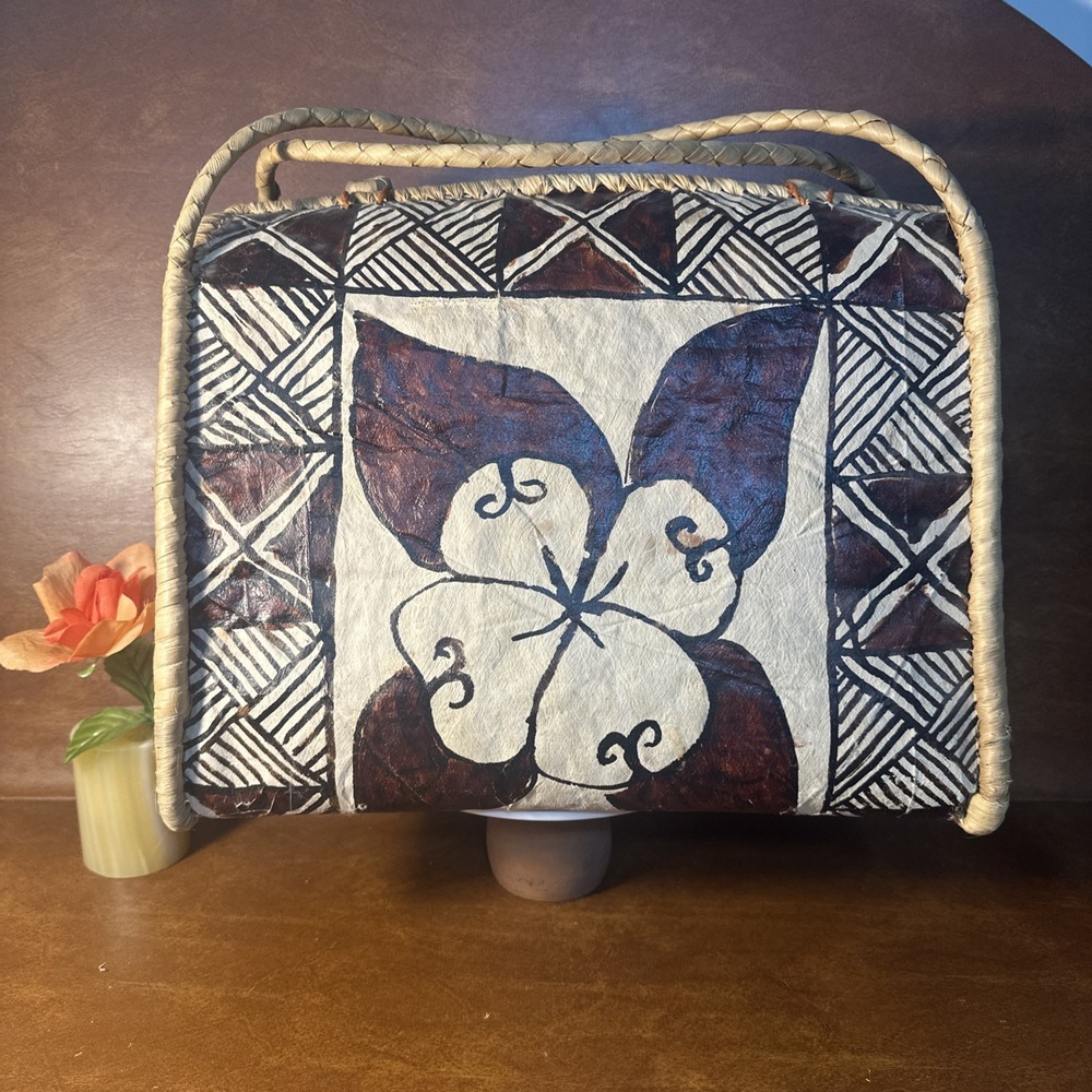 VTG 1960's Pacific Island Tongan Tapa Tree Bark Cloth Tote Handbag Purse 16.5"